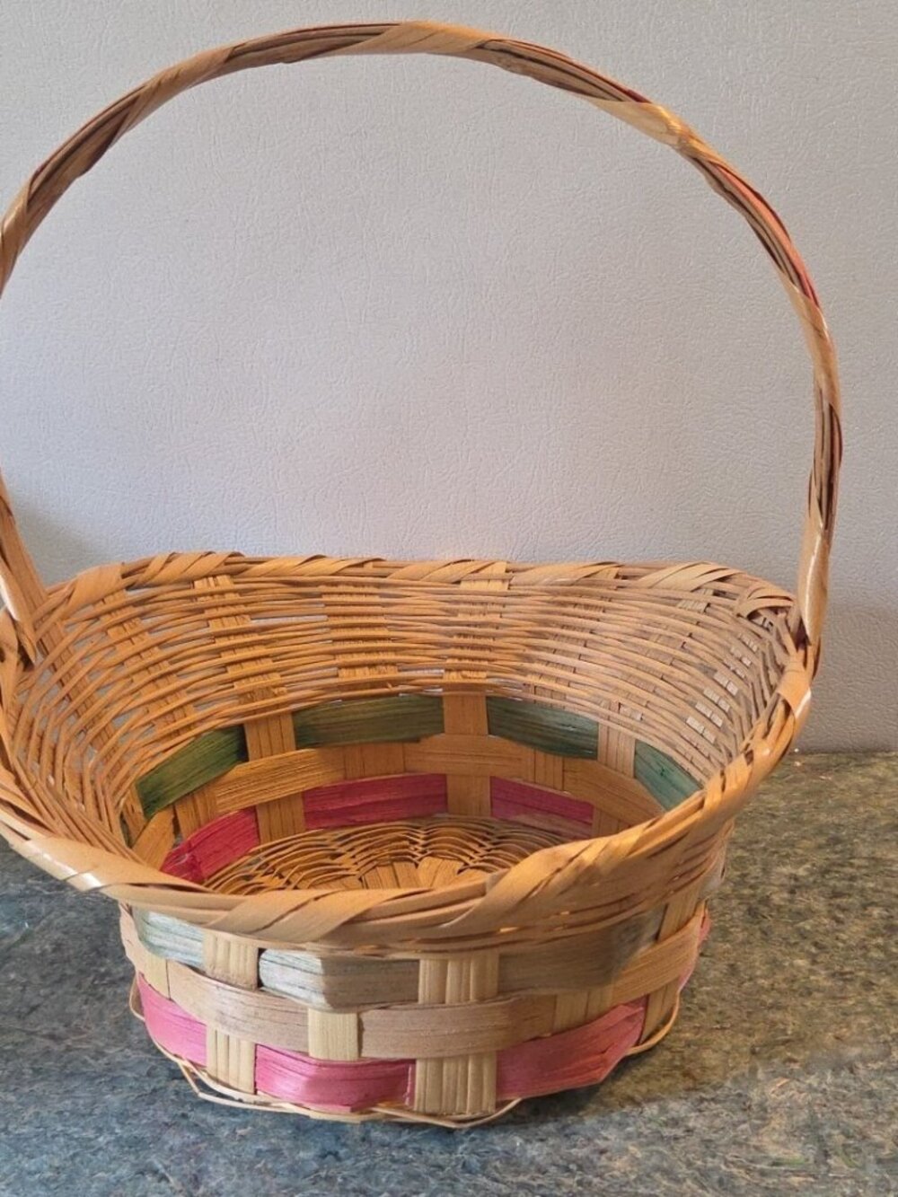 Vintage Easter Bonnet Basket Woven Wicker Pink and Green Bands Mexico - Picture 7 of 12
